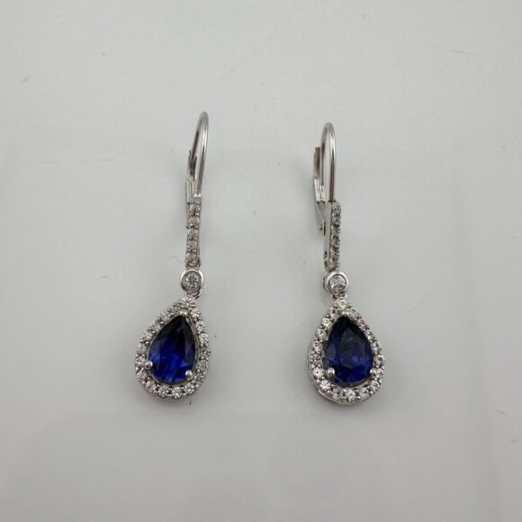 Blue and White Sapphire Tear Drop Earrings in Sterling Silver - Picture 5 of 12